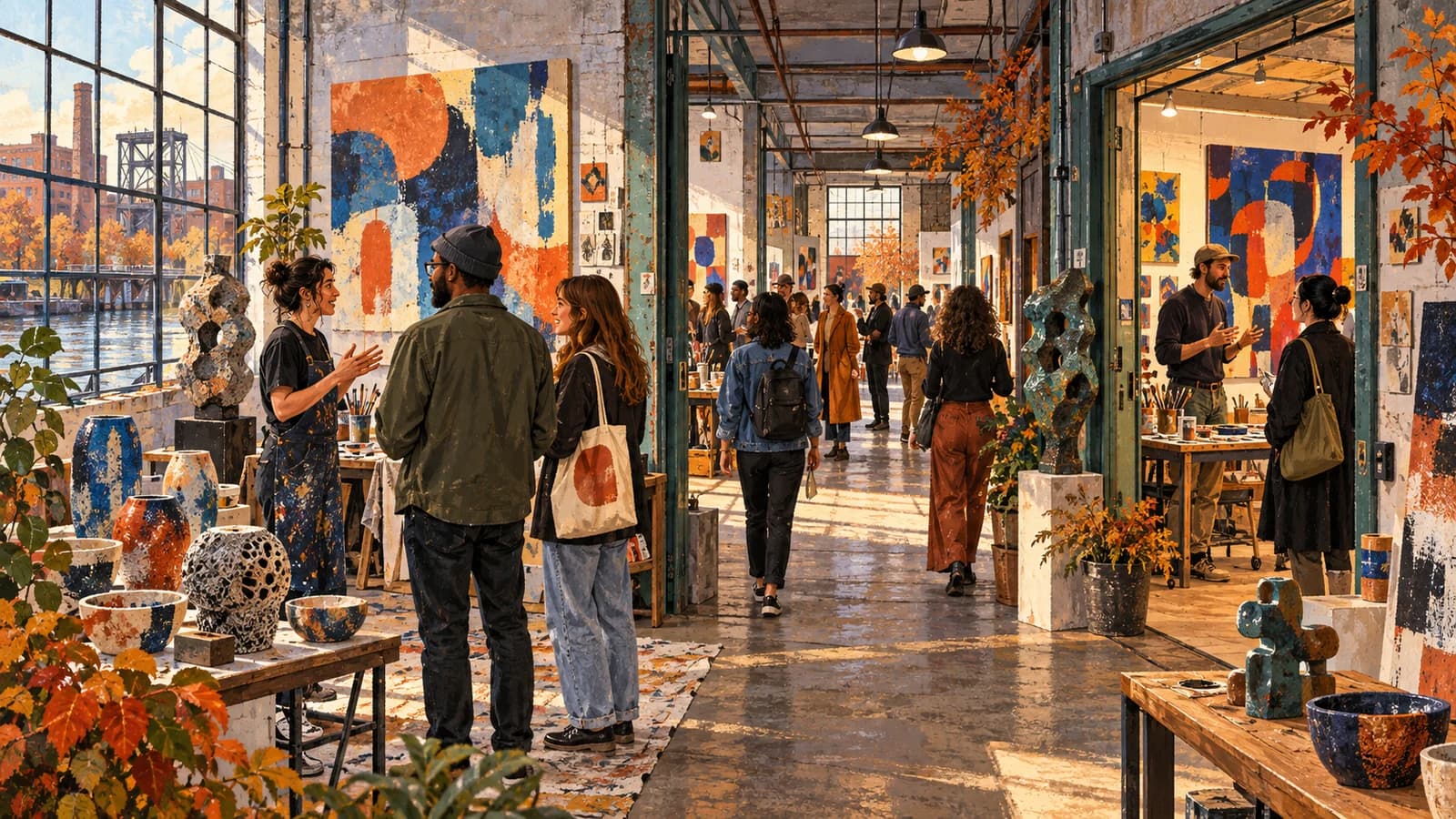 Visitors meeting artists and browsing paintings, sculpture and ceramics inside connected Gowanus loft studios