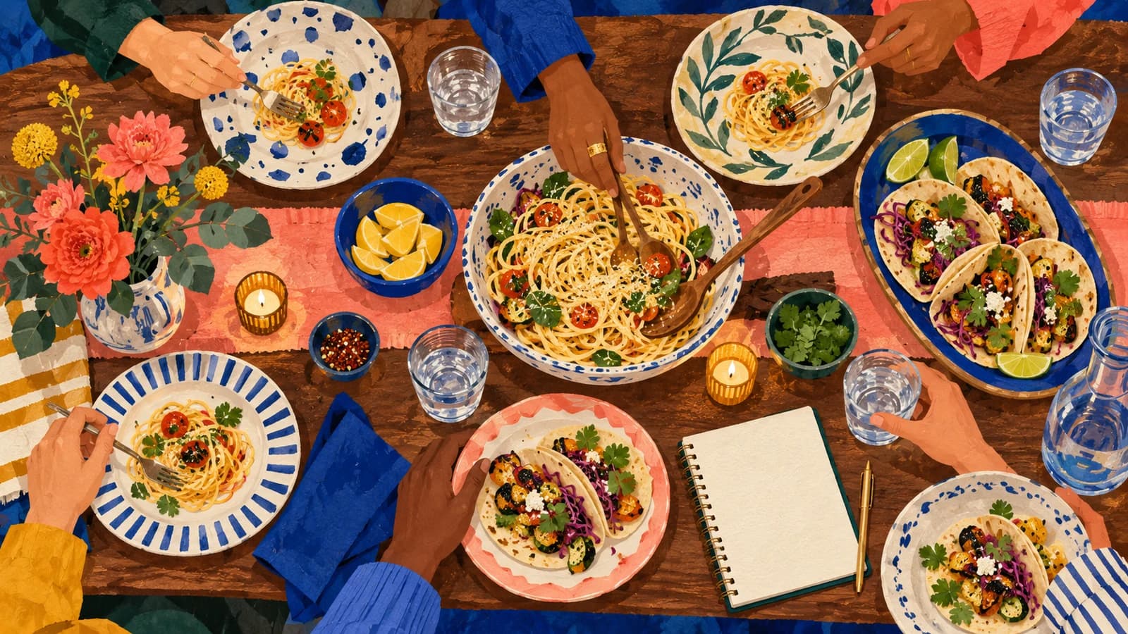 Conceptual editorial illustration for Plan a Brooklyn Group Dinner by Menu, Booking and Budget; not a photograph or documentary depiction of a venue.