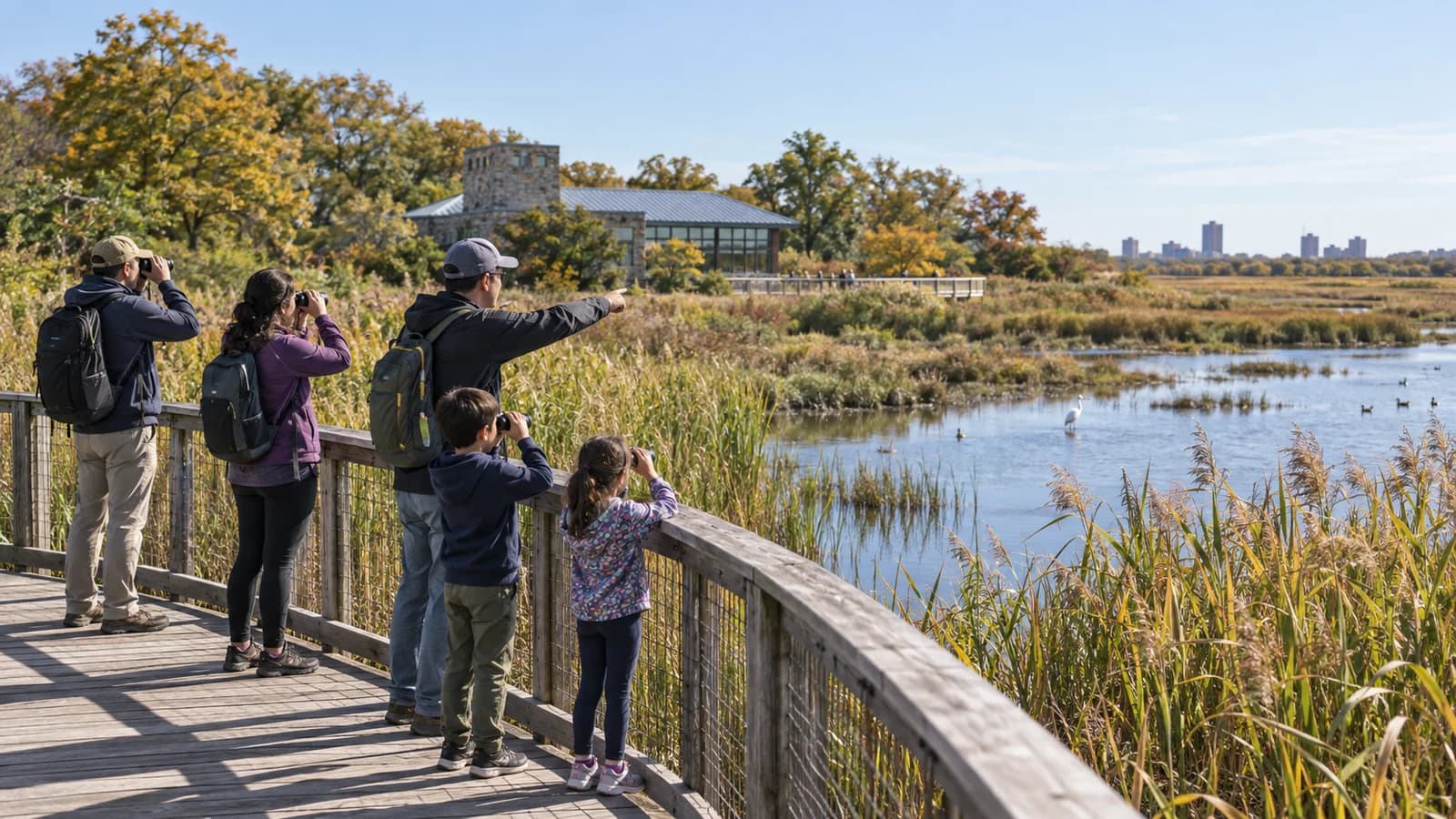 Original editorial image of birdwatchers and a family walking beside reeds and tidal water at Marine Park’s Salt Marsh Nature Center