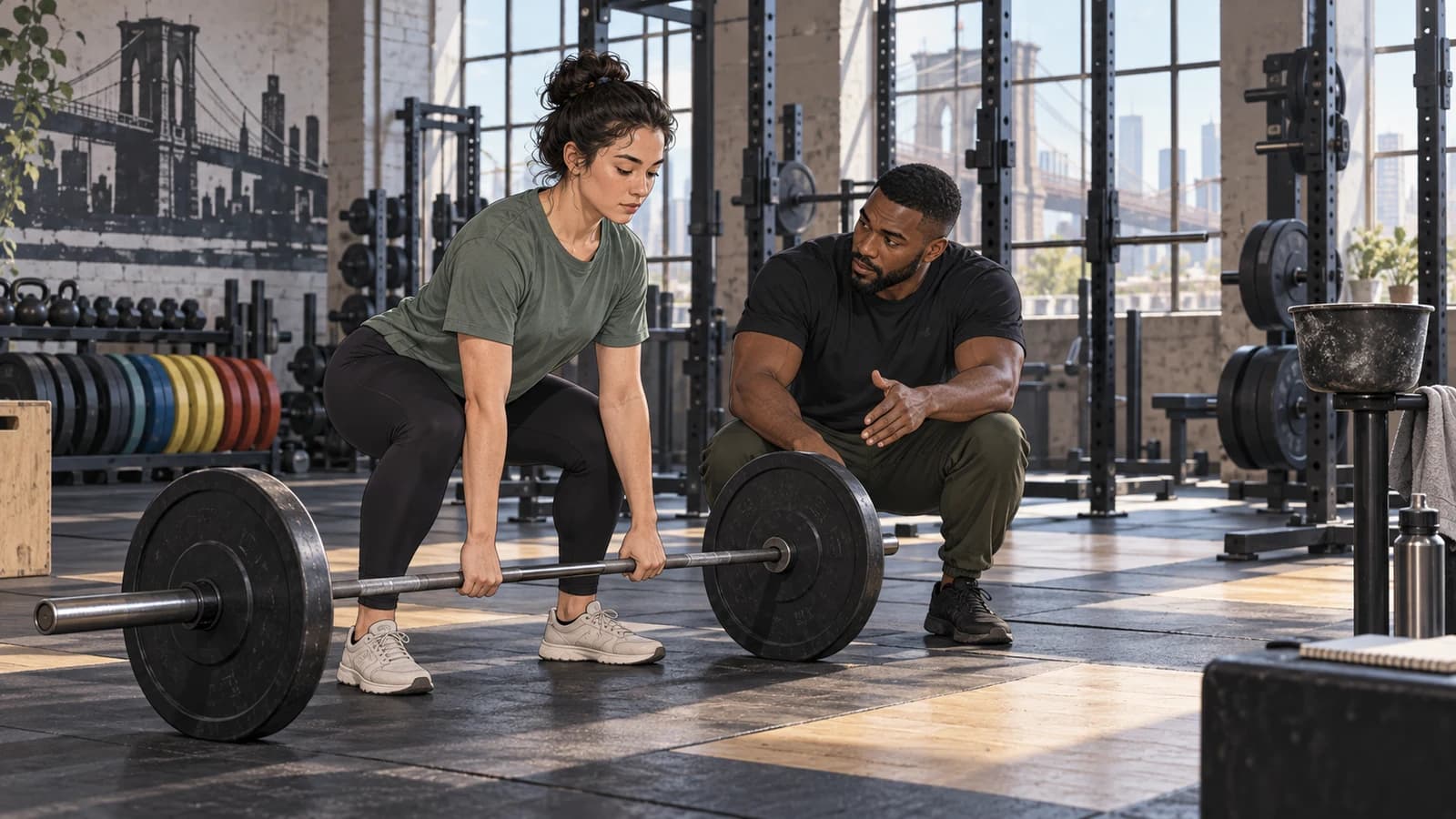 Original editorial scene of a coach giving a beginner a careful barbell setup orientation in a Brooklyn strength gym