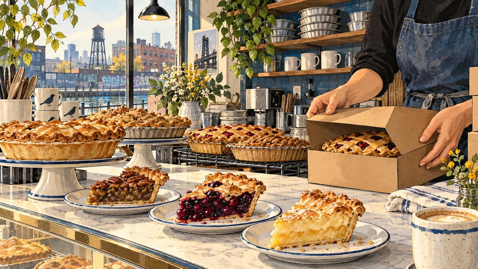 Whole pies and slices sit on a Brooklyn pie-shop counter while a boxed pie is prepared for pickup.