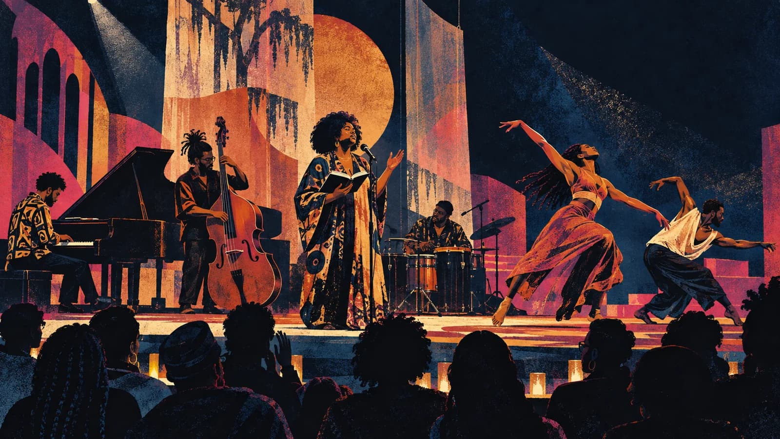 Original editorial screenprint illustration of poets, jazz musicians and dancers sharing a Brooklyn stage before an audience.
