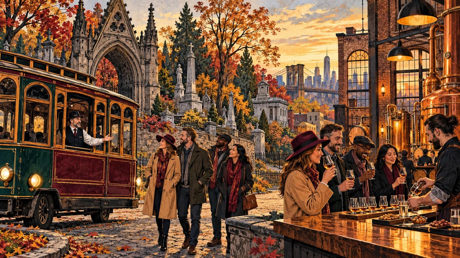 Original editorial linocut-style illustration of adults taking an autumn trolley from a historic Brooklyn cemetery toward a restrained distillery tasting.