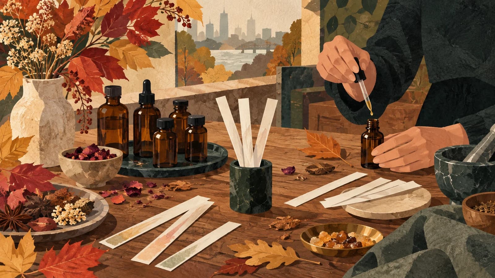 Conceptual editorial illustration for Natural Perfume Blending at Brooklyn Botanic Garden — November 21; not a depiction of the actual event or performers.