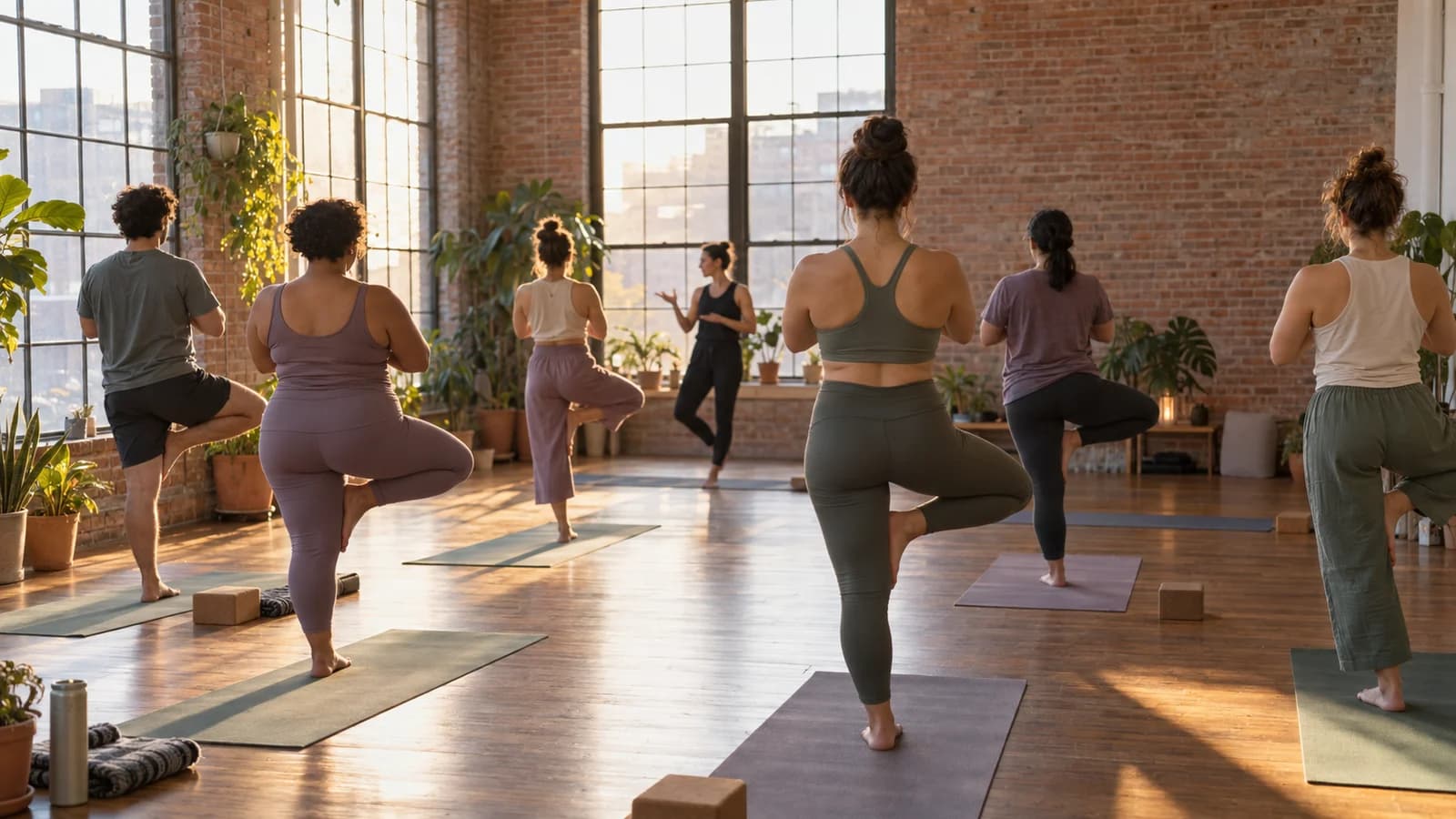 Original editorial scene of a welcoming mixed-experience yoga class in a sunlit Bushwick loft