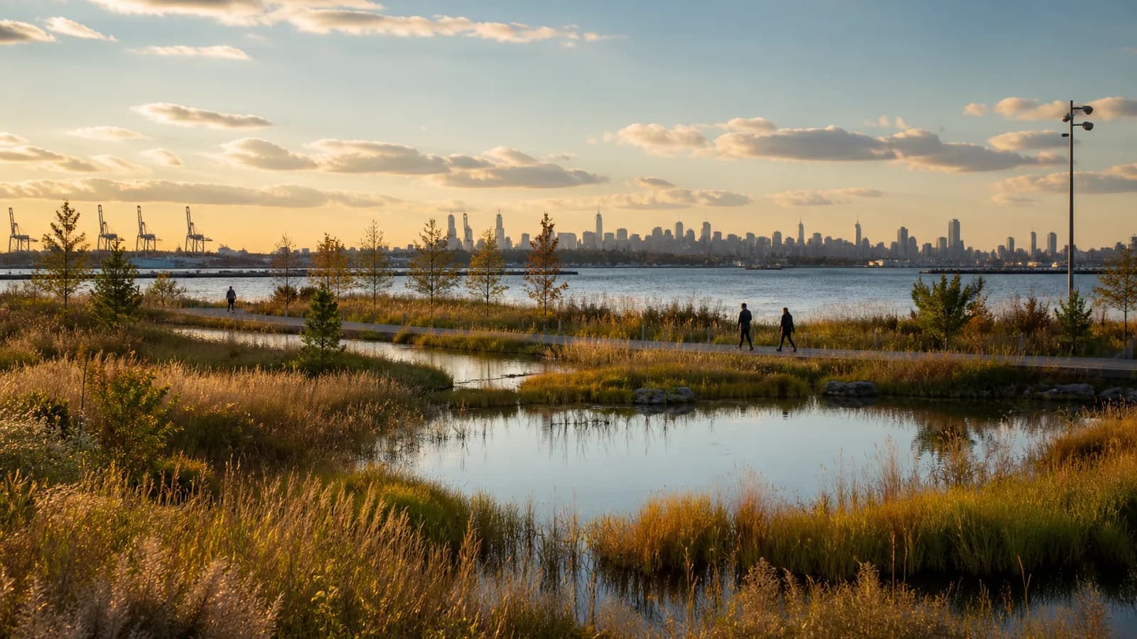 Tidal ponds, native grasses, harbor skyline, and walking path at Bush Terminal Piers Park