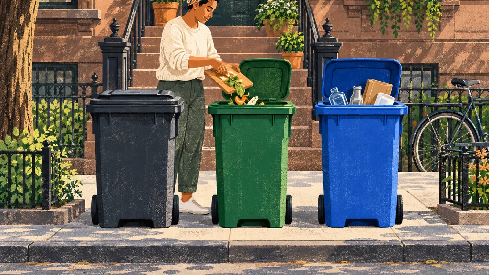 Brooklyn resident sorting household waste into three generic secure curbside bins
