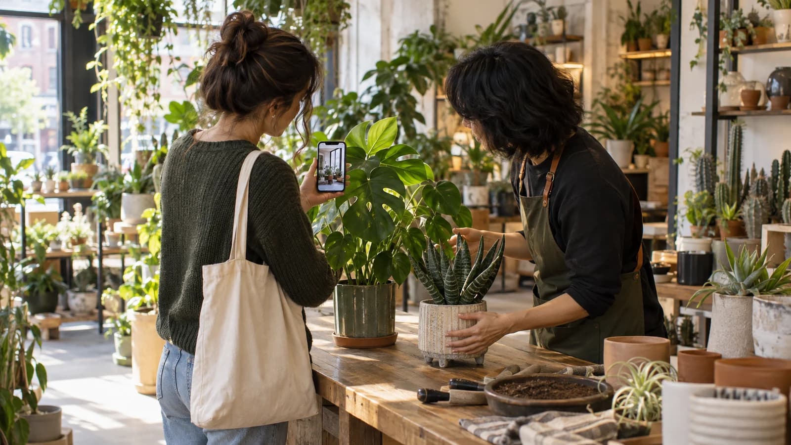 Original editorial scene of a shopper using an apartment-window photo while comparing houseplants with a plant-care specialist