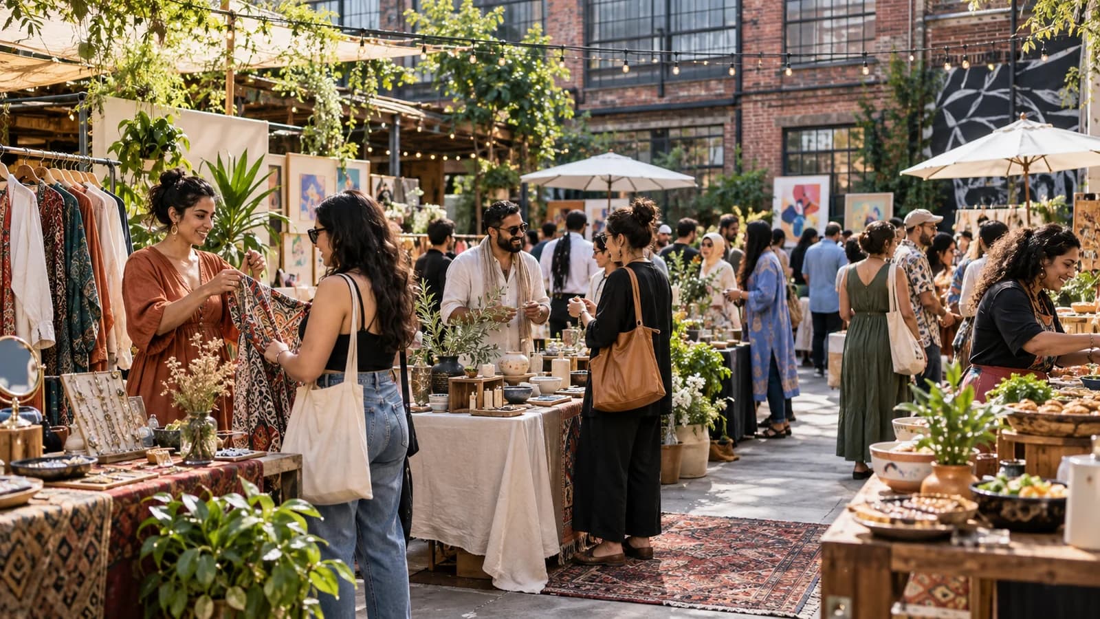 Original editorial scene of shoppers meeting independent SWANA and South Asian makers at a lively Brooklyn courtyard market
