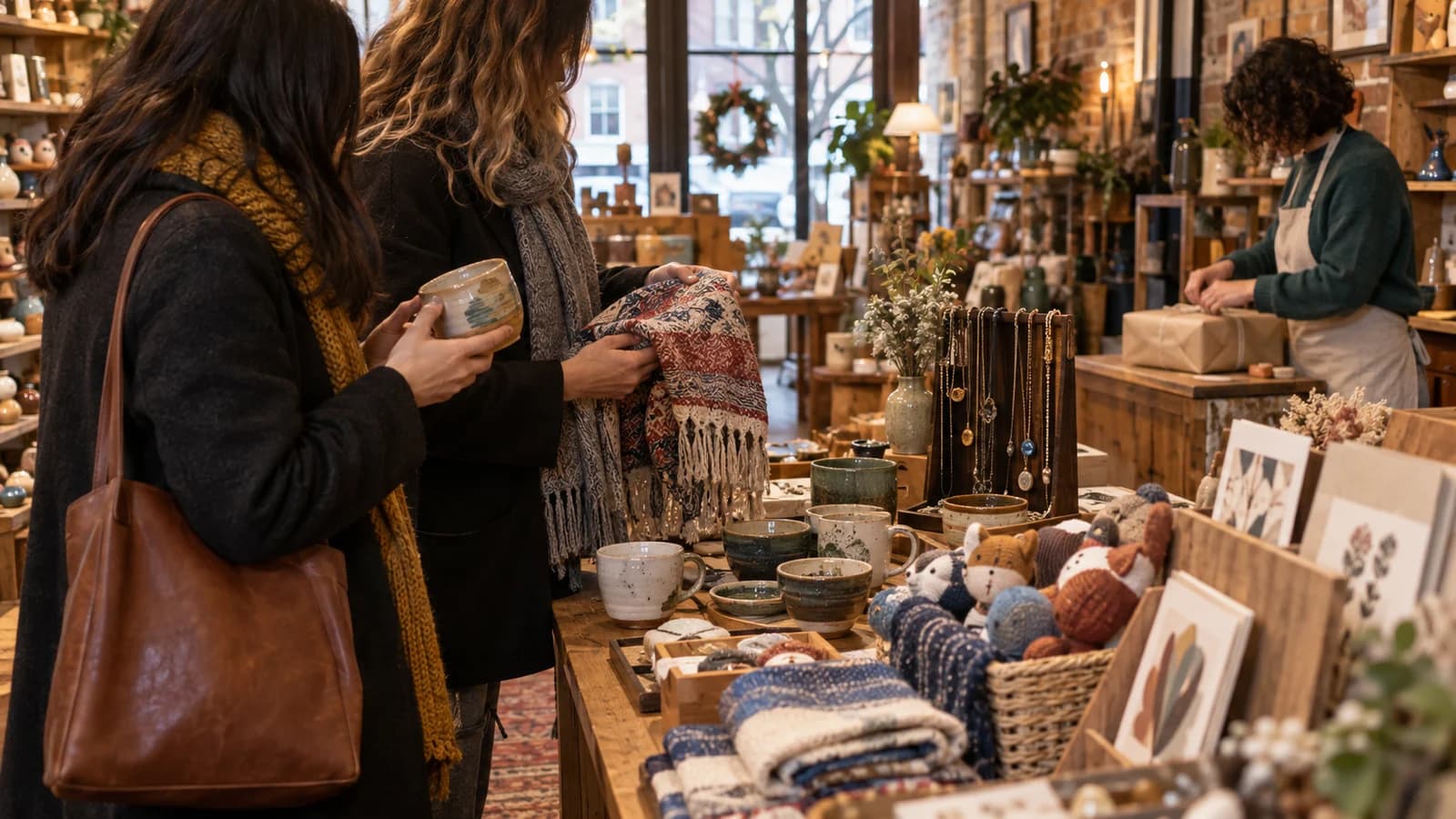 Original editorial scene of shoppers comparing handmade ceramics and textiles while a gift is wrapped in a neighborhood craft shop