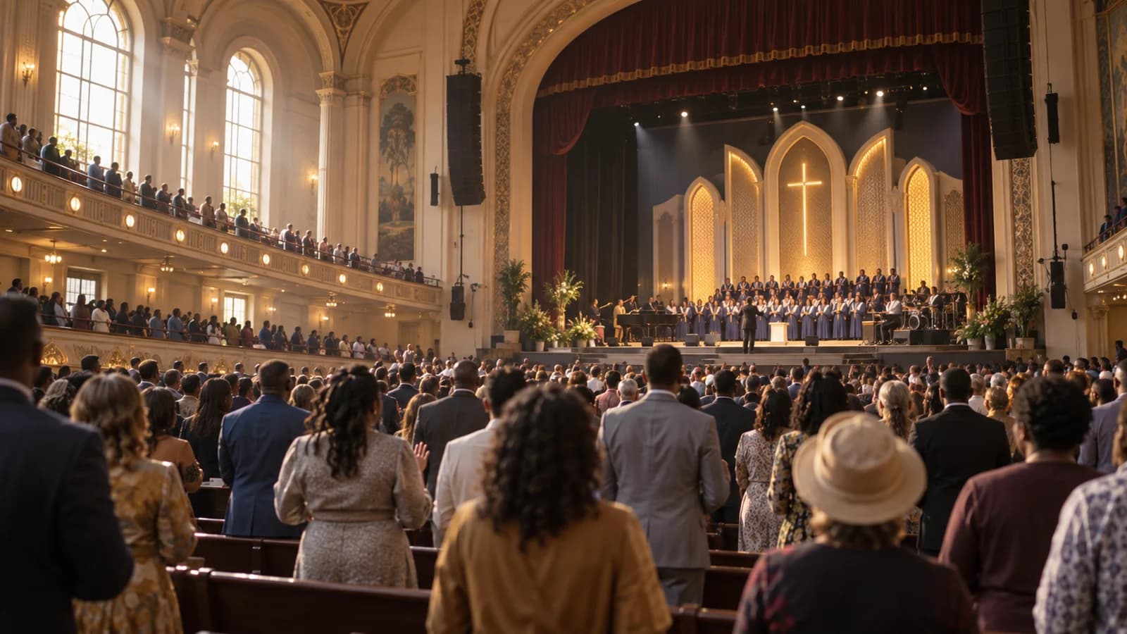 Original editorial illustration of a diverse congregation and choir in a grand Brooklyn worship space