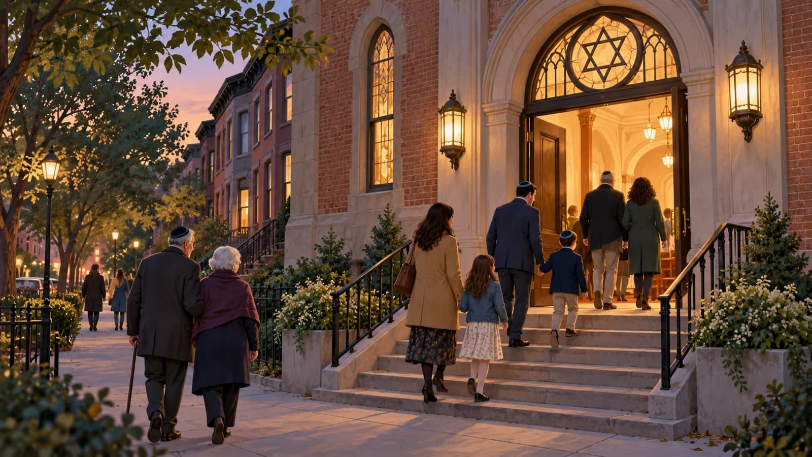 Illustration of families and older adults arriving at a warmly lit Cobble Hill synagogue on a brownstone block.