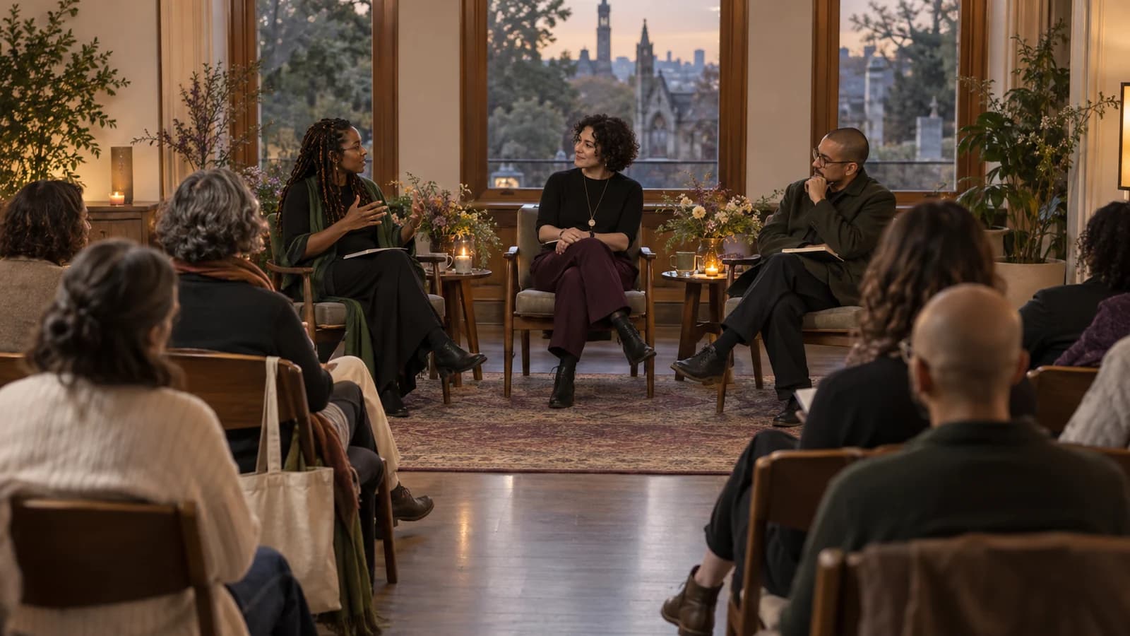 Conceptual editorial scene of a funeral-celebrancy panel speaking with an attentive audience