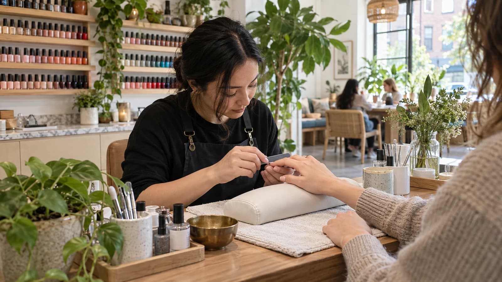 Original editorial image of a careful manicure at a bright plant-filled Greenpoint nail salon