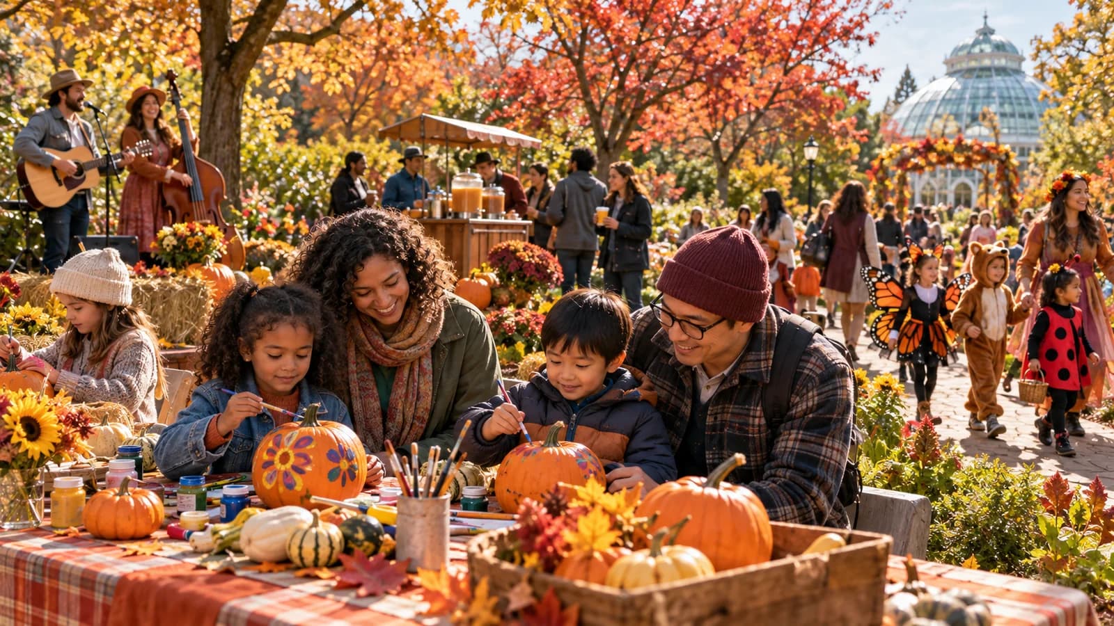Families decorating pumpkins amid autumn foliage and live music in a Brooklyn botanical garden
