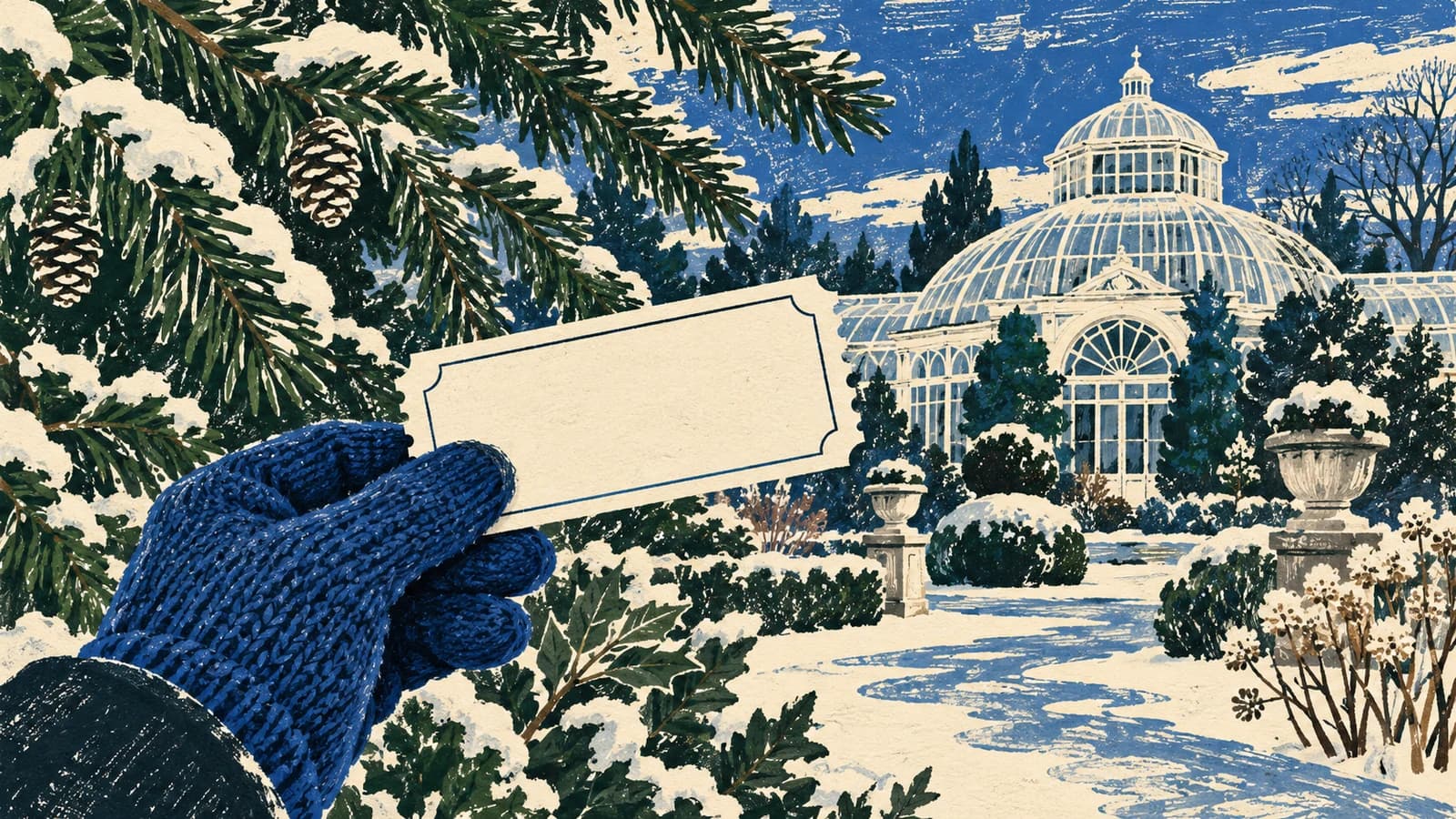 Conceptual illustration of a blank garden ticket, evergreens and a conservatory in winter.