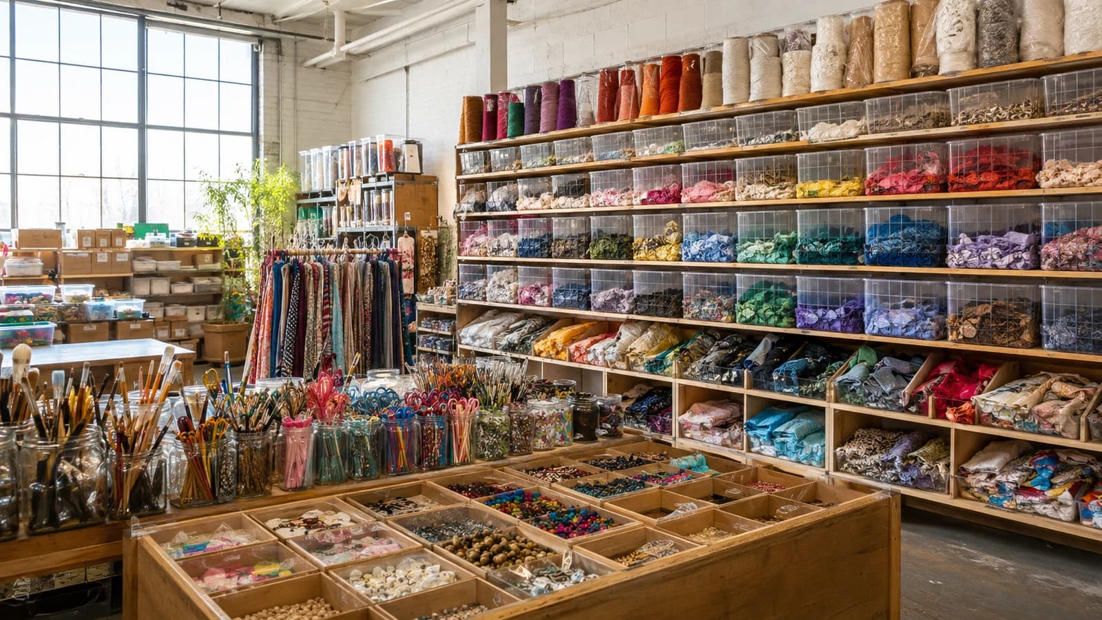 Colorful secondhand fabric, yarn, paper, brushes, beads, and craft supplies in a Brooklyn reuse center