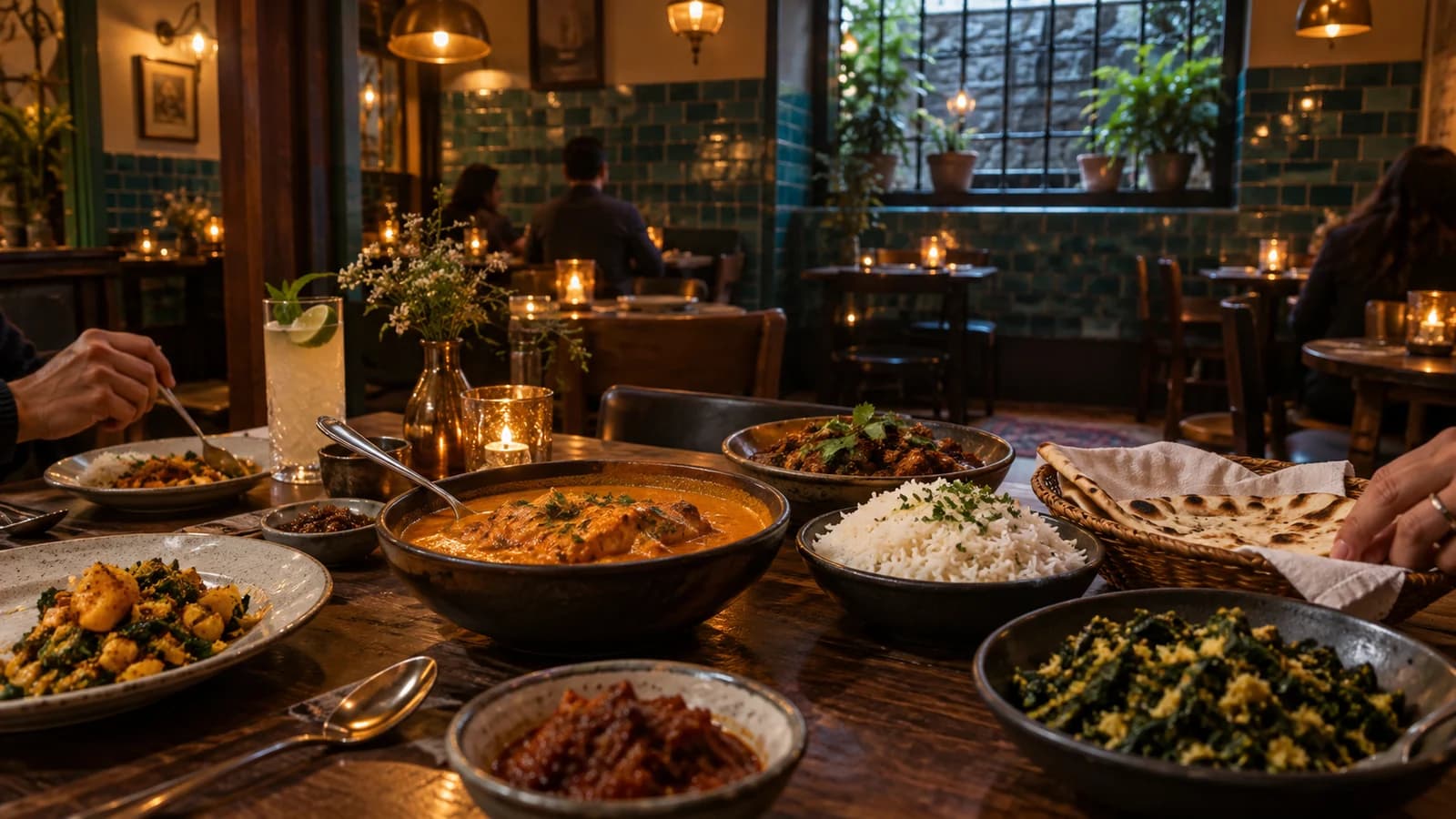 Shared Goan-inspired dinner with rice, breads, vegetables, coastal dishes, and an optional drink in a warm teal-tiled dining room