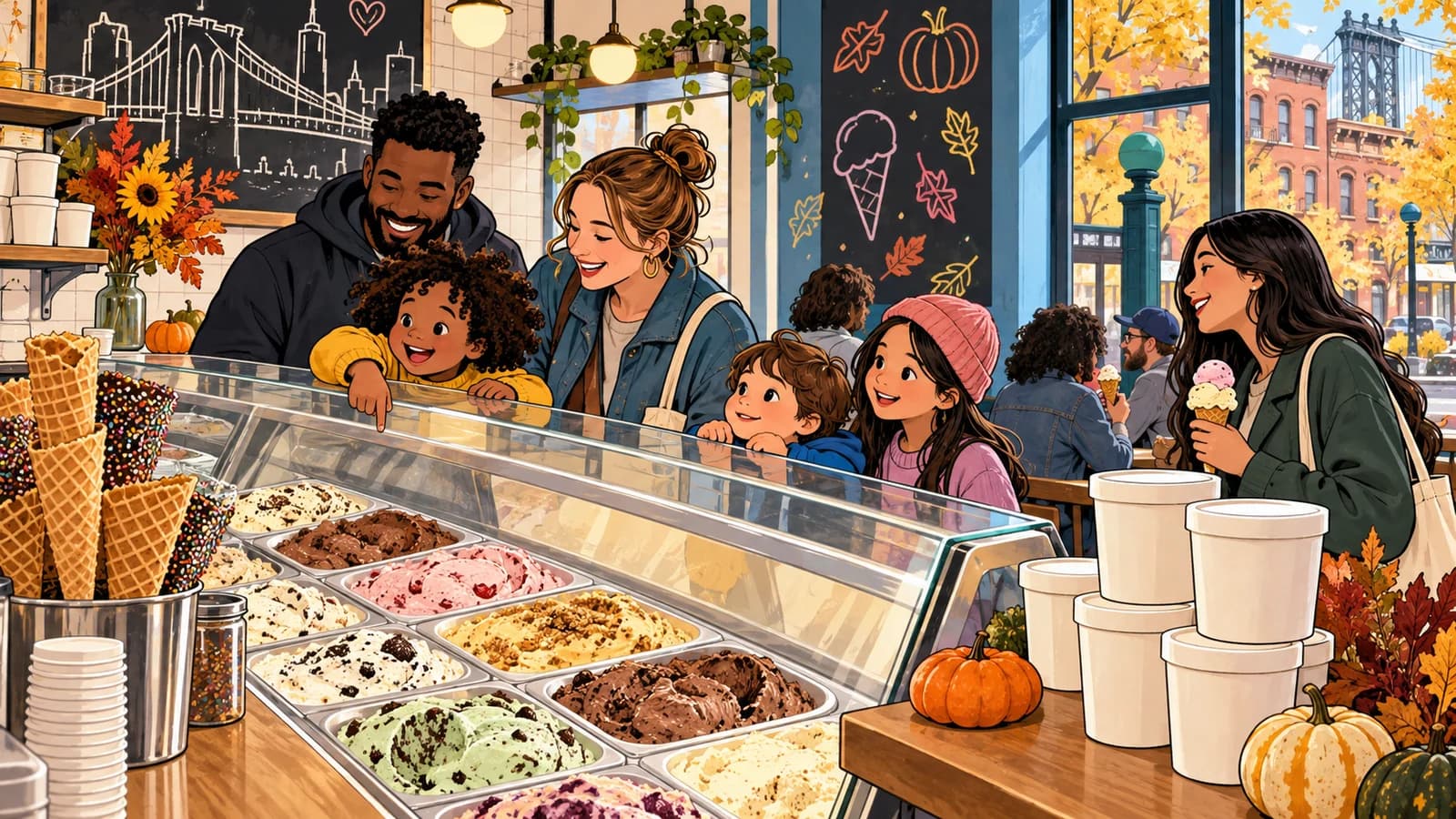 Families look into an illustrated Brooklyn ice cream case with cones, scoops and seasonal flavors.
