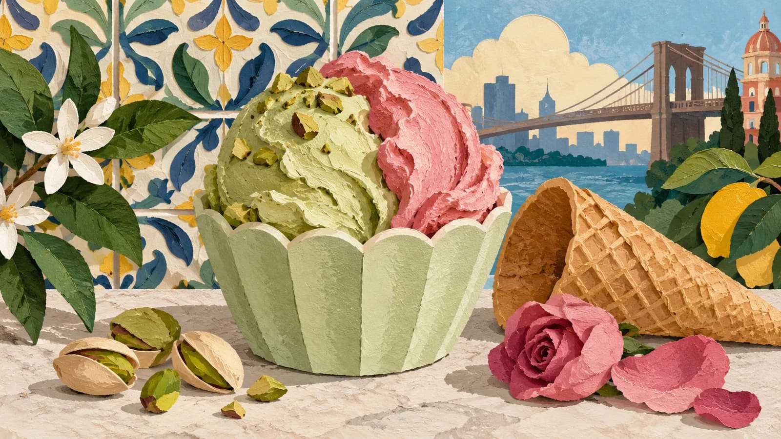 Conceptual editorial illustration for Gelateria Gentile Williamsburg; not a documentary depiction of the establishment.