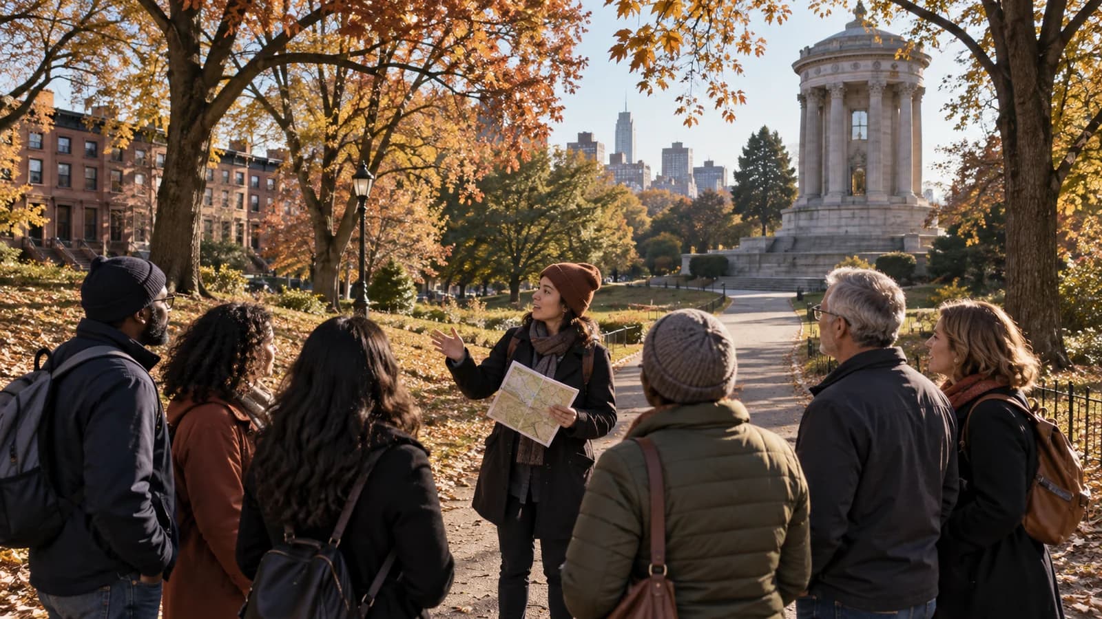 An anonymous guide with a folded map speaks to a small walking group in a leafy Brooklyn park near a stone memorial