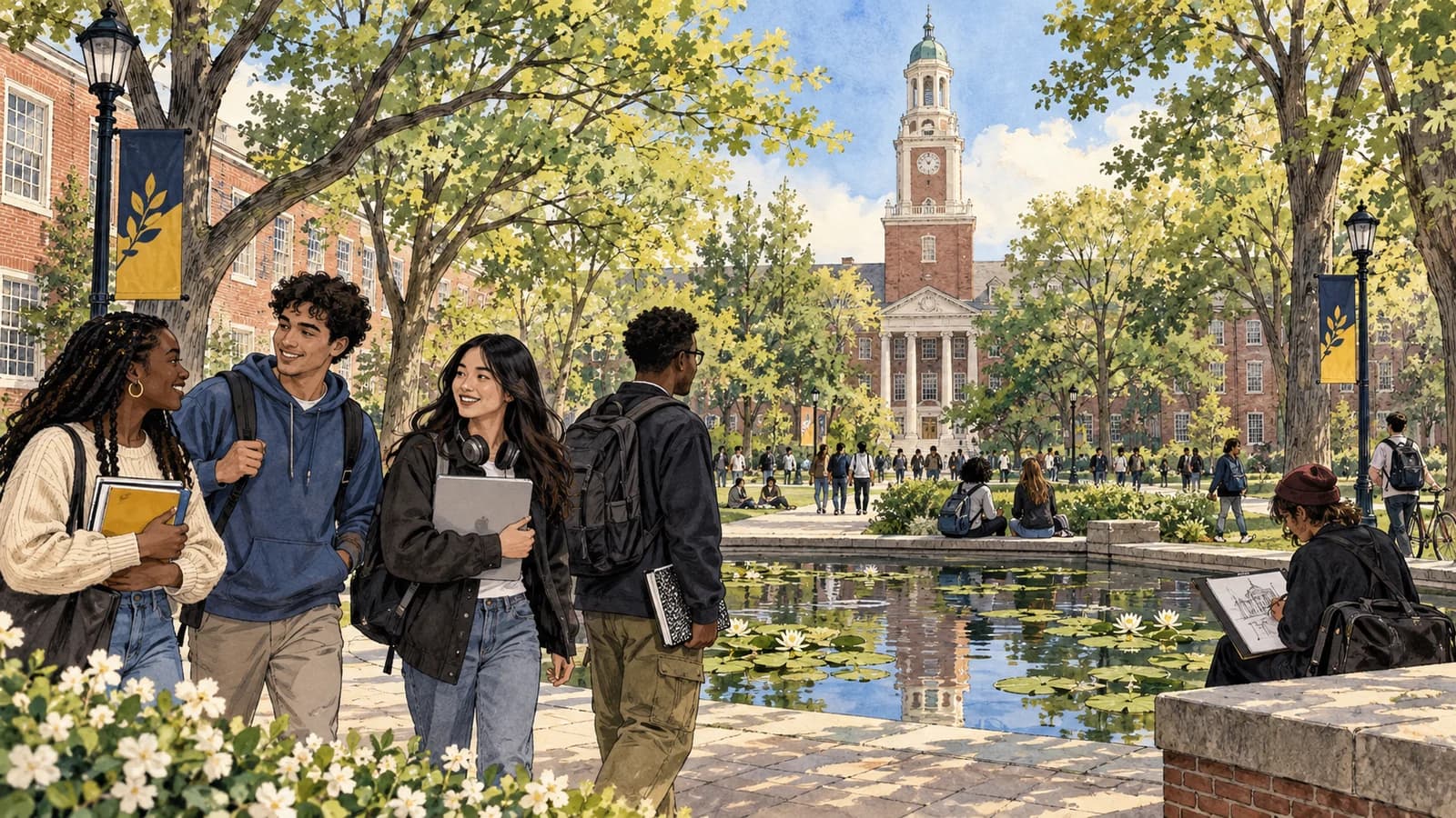 Students walk near a leafy Brooklyn college quad with brick academic buildings and a pond.