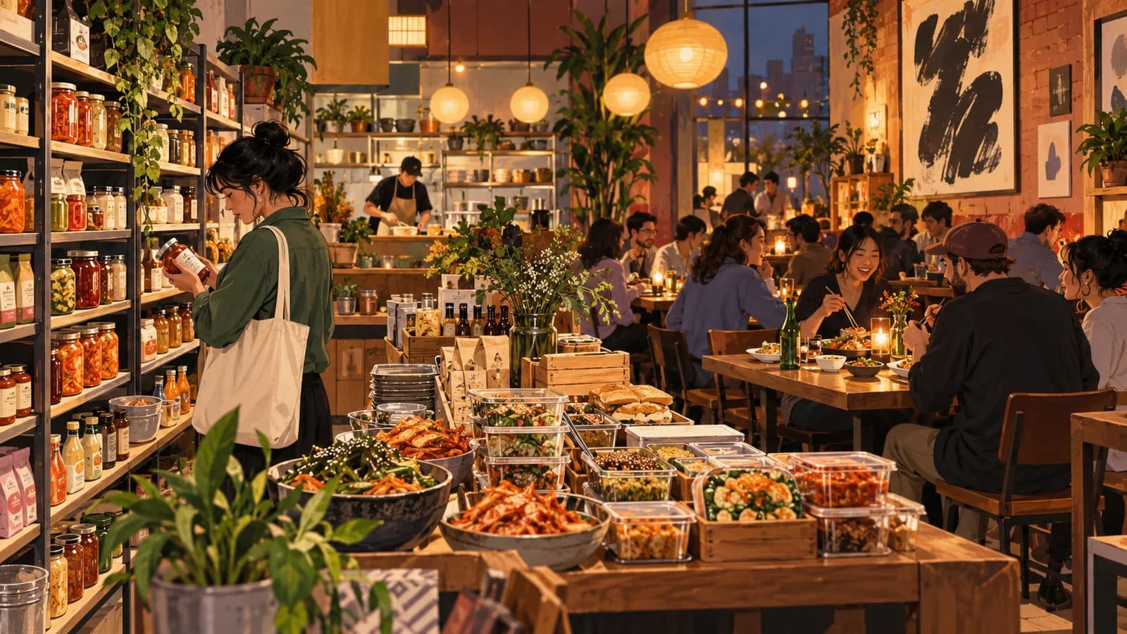 Editorial illustration of a Korean-American boutique grocery opening into a warmly lit shared dining room in Bushwick.