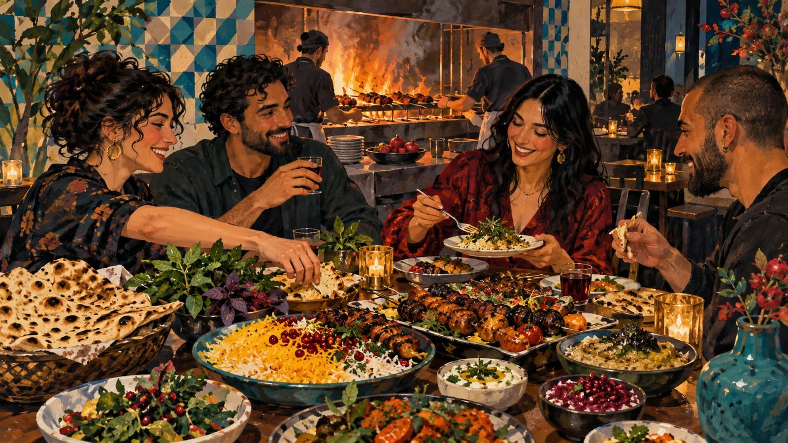Original editorial gouache illustration of four adults sharing Persian breads, rice, herbs and grilled dishes near an open-fire kitchen.