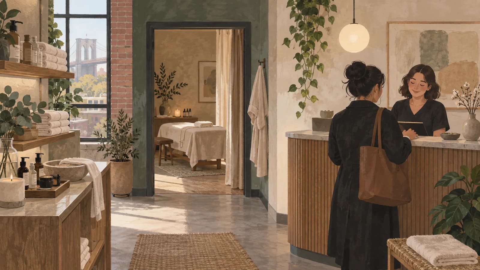 Original editorial illustration of a guest checking in for a Brooklyn spa appointment beside a calm treatment room.