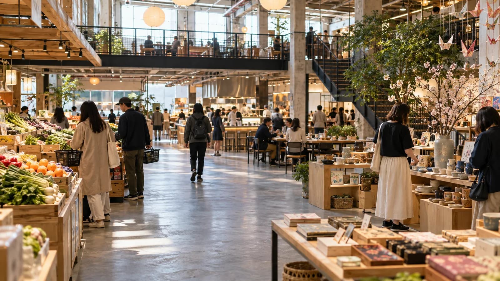 Original editorial scene of visitors choosing among food, groceries, ceramics, and crafts in a two-level Brooklyn market hall