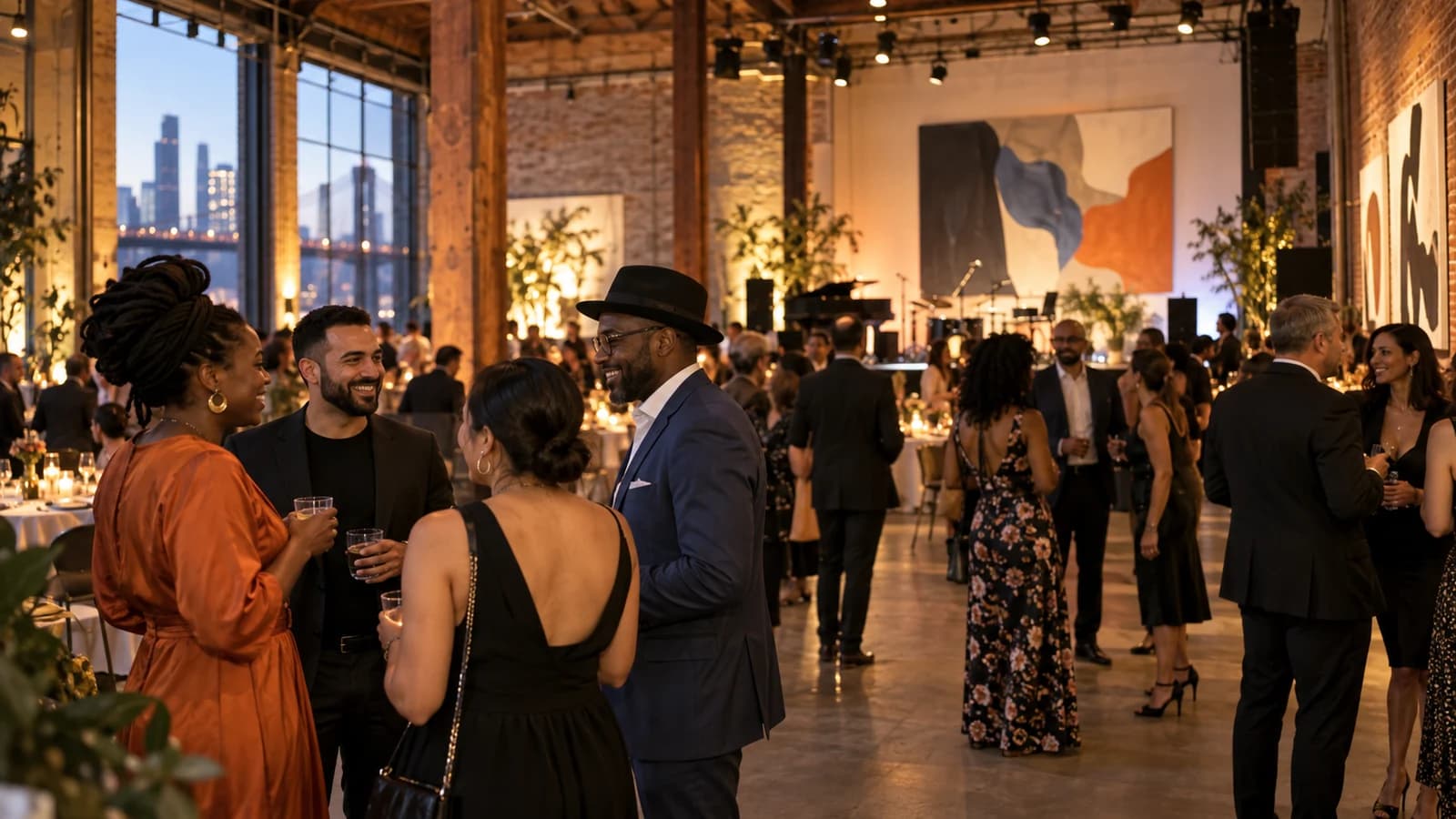 Original editorial scene of guests gathering at a Brooklyn community fundraising celebration