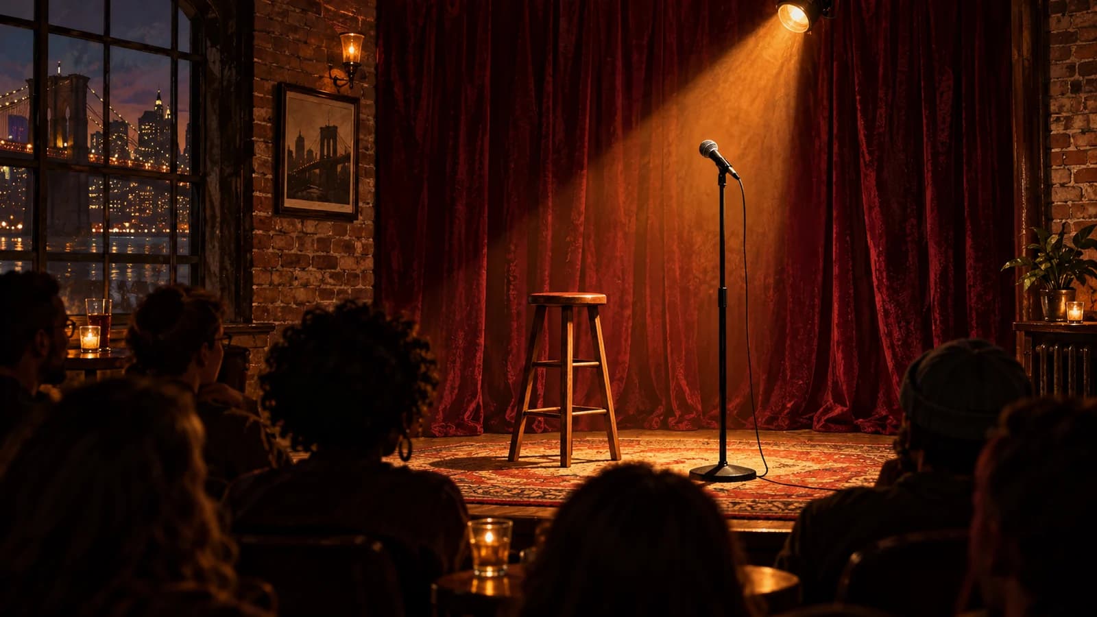 Conceptual editorial illustration of comedy club planning in Brooklyn; not a documentary depiction of the venue.