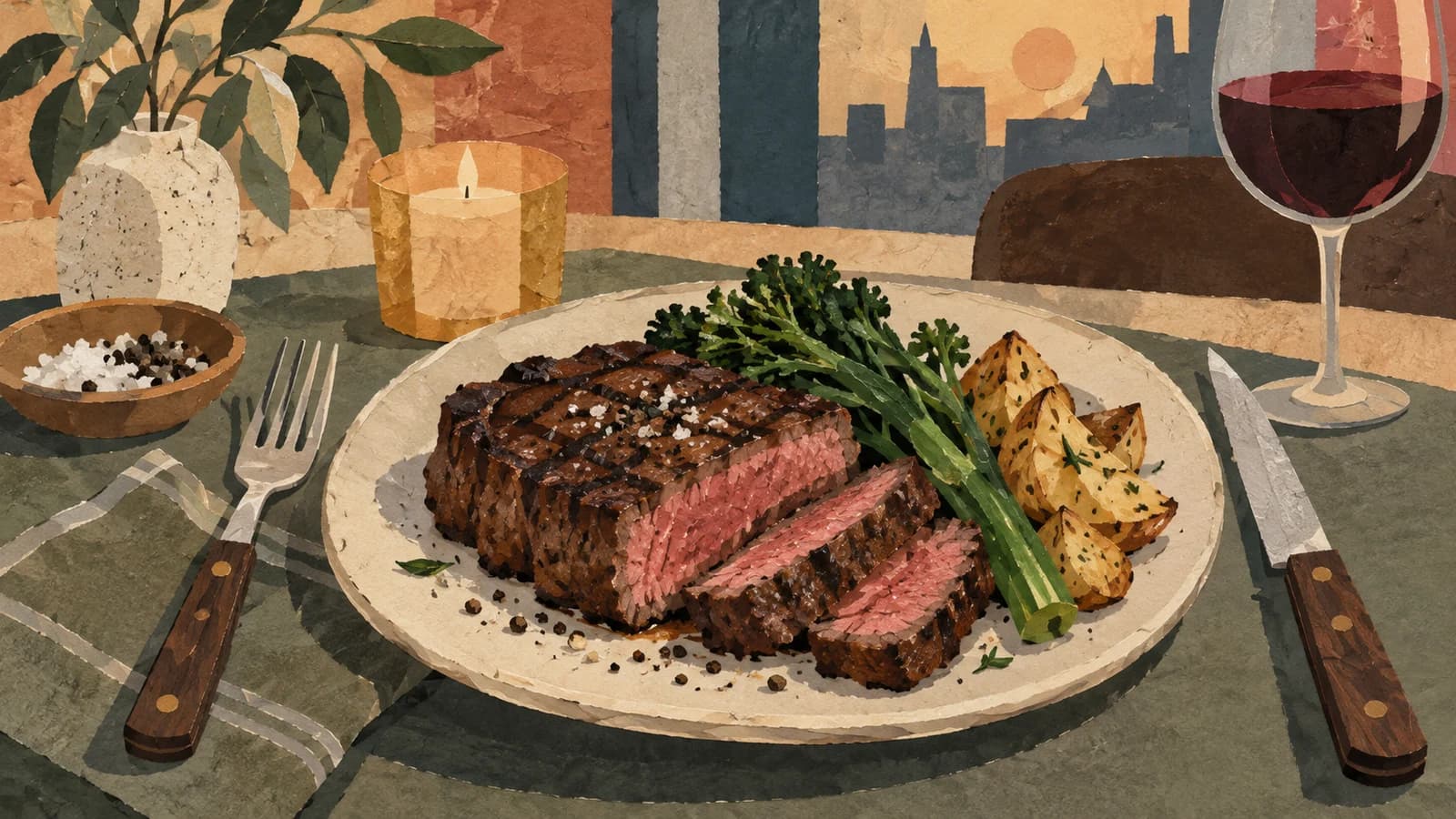 Conceptual editorial illustration for Amber Steak House; not a documentary depiction of the establishment.