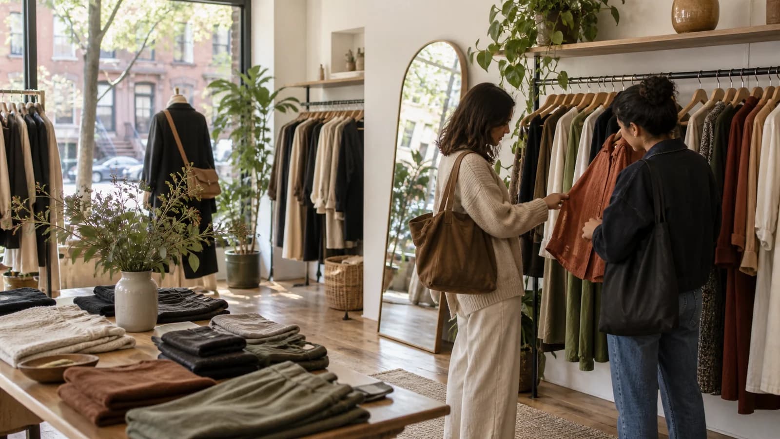 Calm Brooklyn fashion boutique with natural-fiber clothing, folded garments, mirrors, plants, and two shoppers browsing