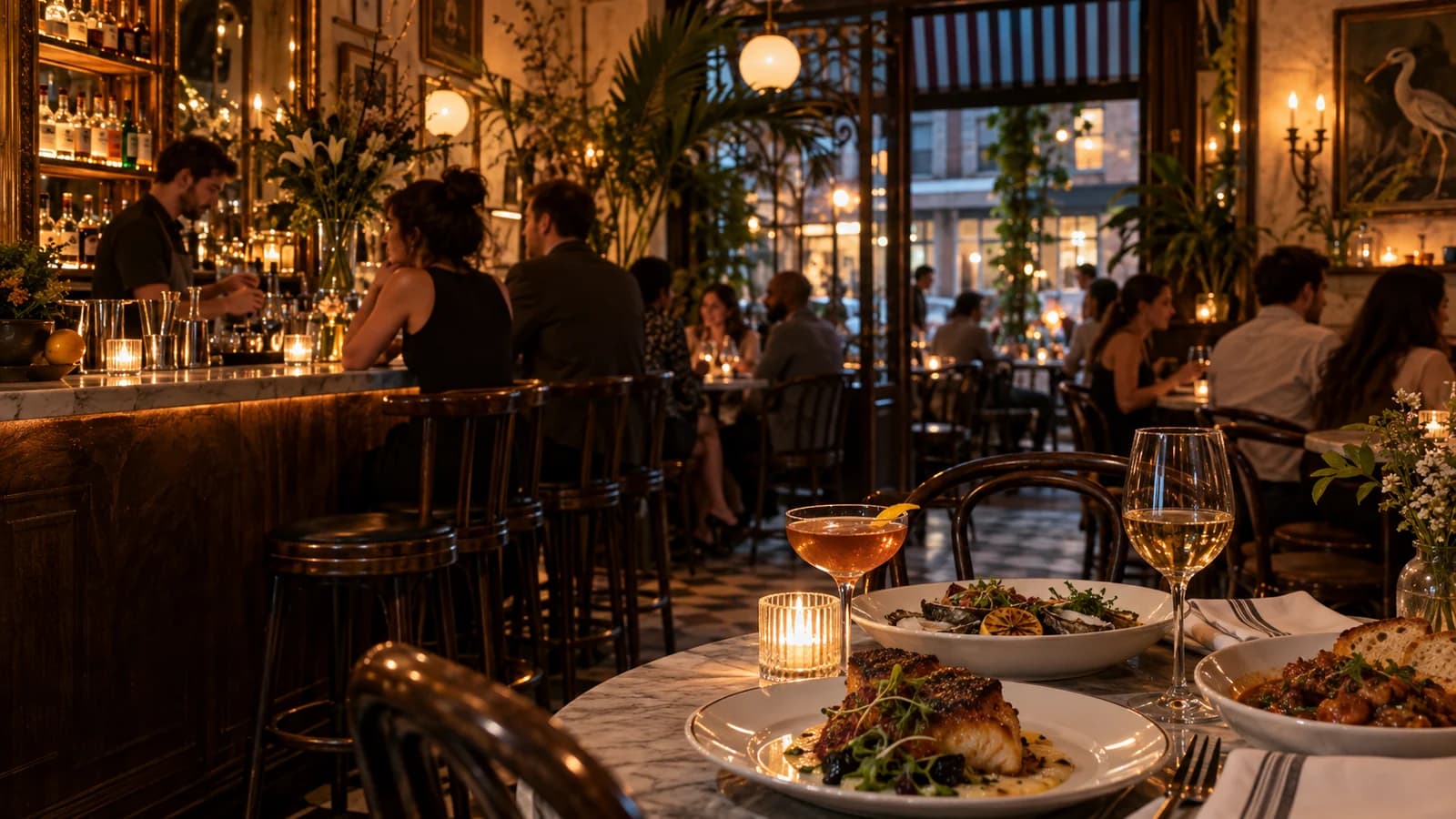 Warm Greenpoint restaurant interior blending European bistro and New Orleans design cues