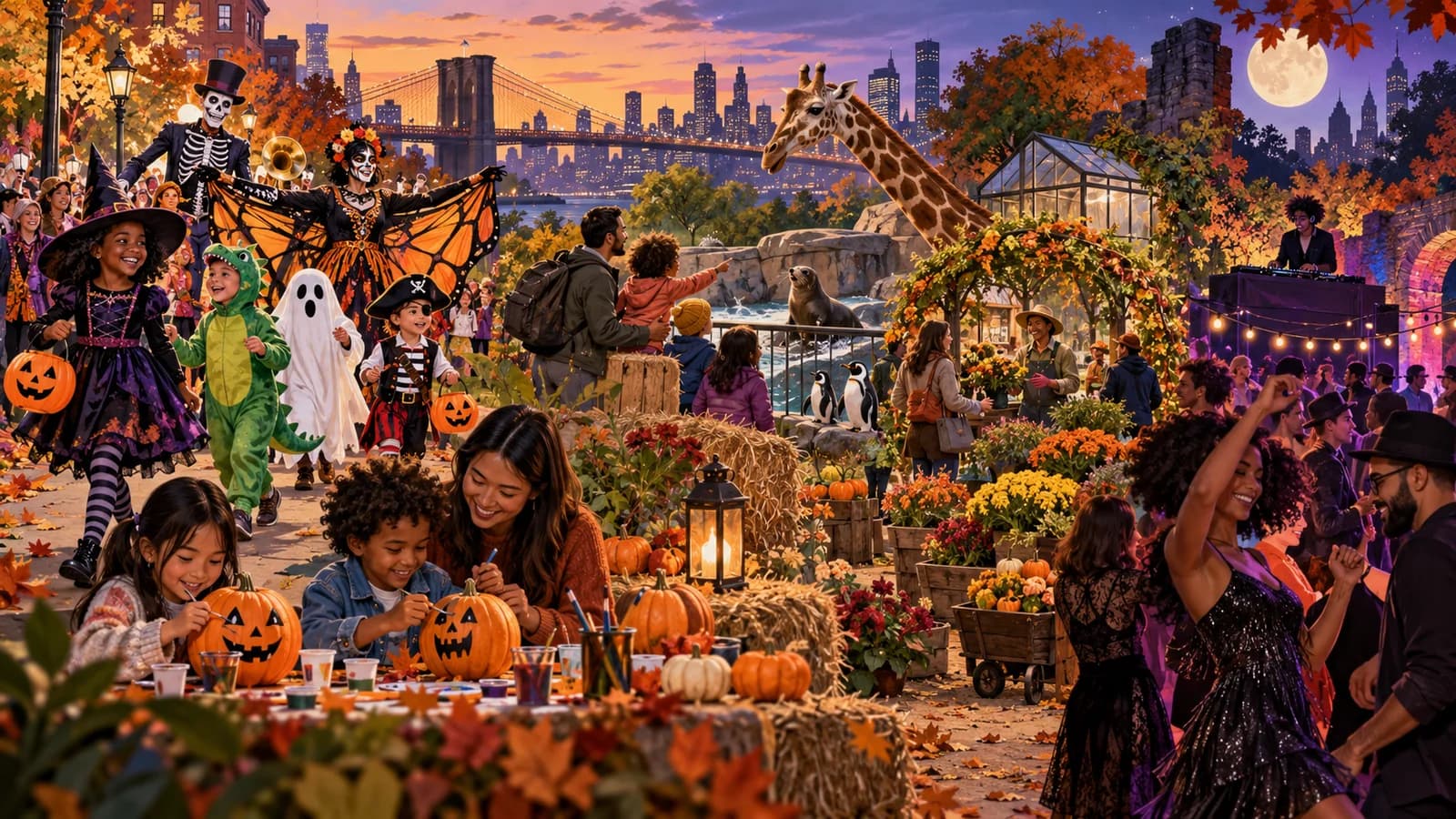 Editorial illustration montage of a Brooklyn costume parade, pumpkin decorating, zoo visit, garden festival and adults-only dance night.