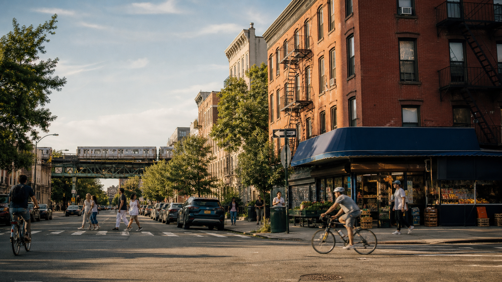 A lively Brooklyn street on a sunny afternoon